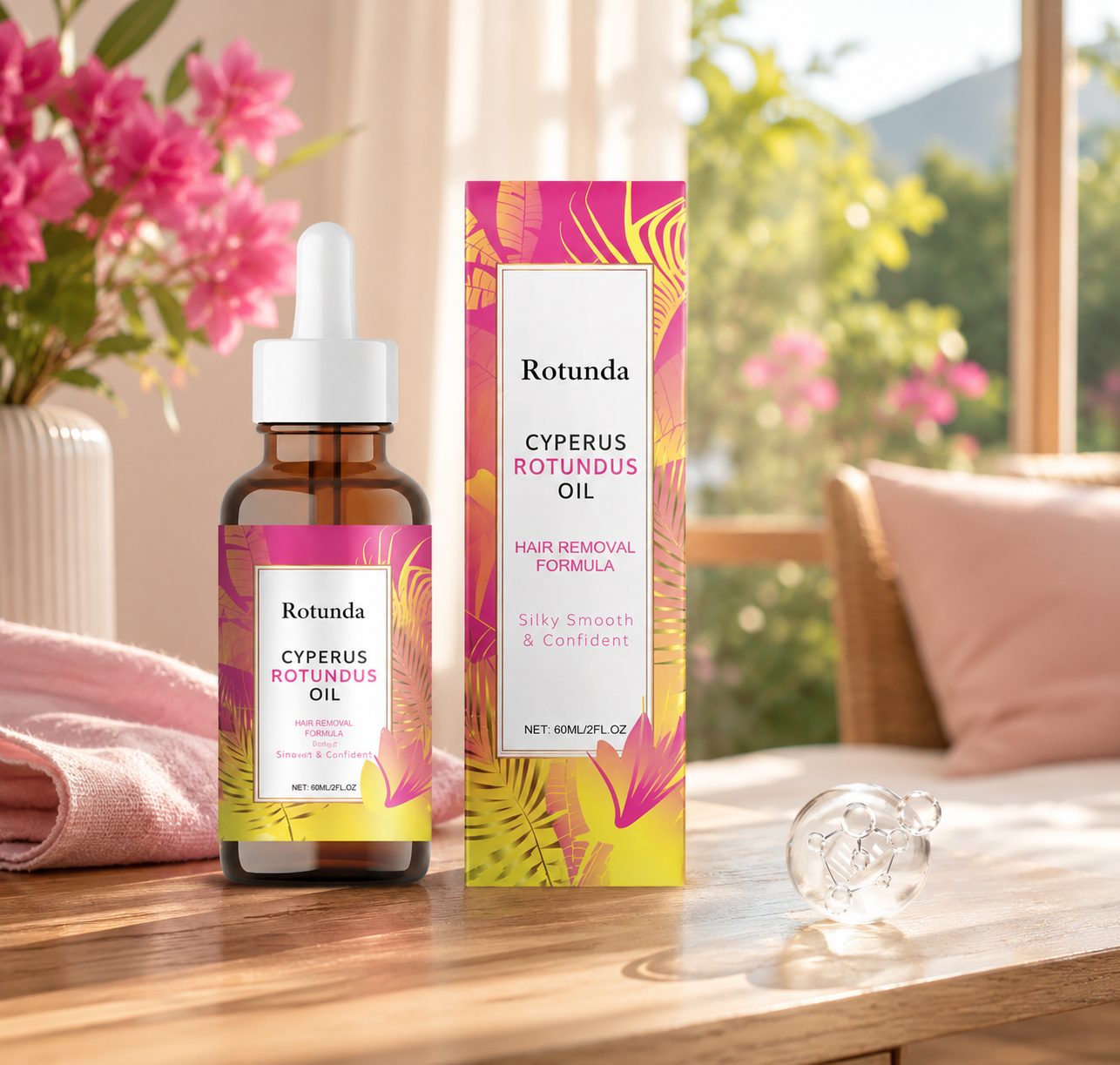 Rotunda Cyperus Rotundus Oil natural hair removal formula in 60ml glass dropper bottle